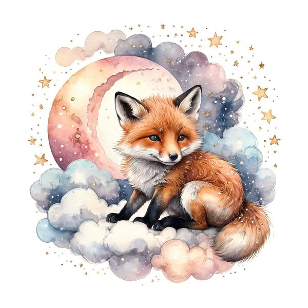 Watercolor Fox Clipart Set: Sleeping on Cloud, Pastel Nursery (PNGs, JPGs) — image 7