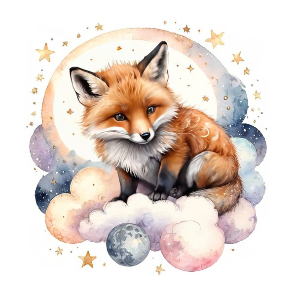 Watercolor Fox Clipart Set: Sleeping on Cloud, Pastel Nursery (PNGs, JPGs) — image 9