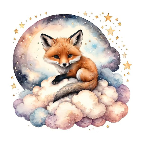 Watercolor Fox Clipart Set: Sleeping on Cloud, Pastel Nursery (PNGs, JPGs) — image 10