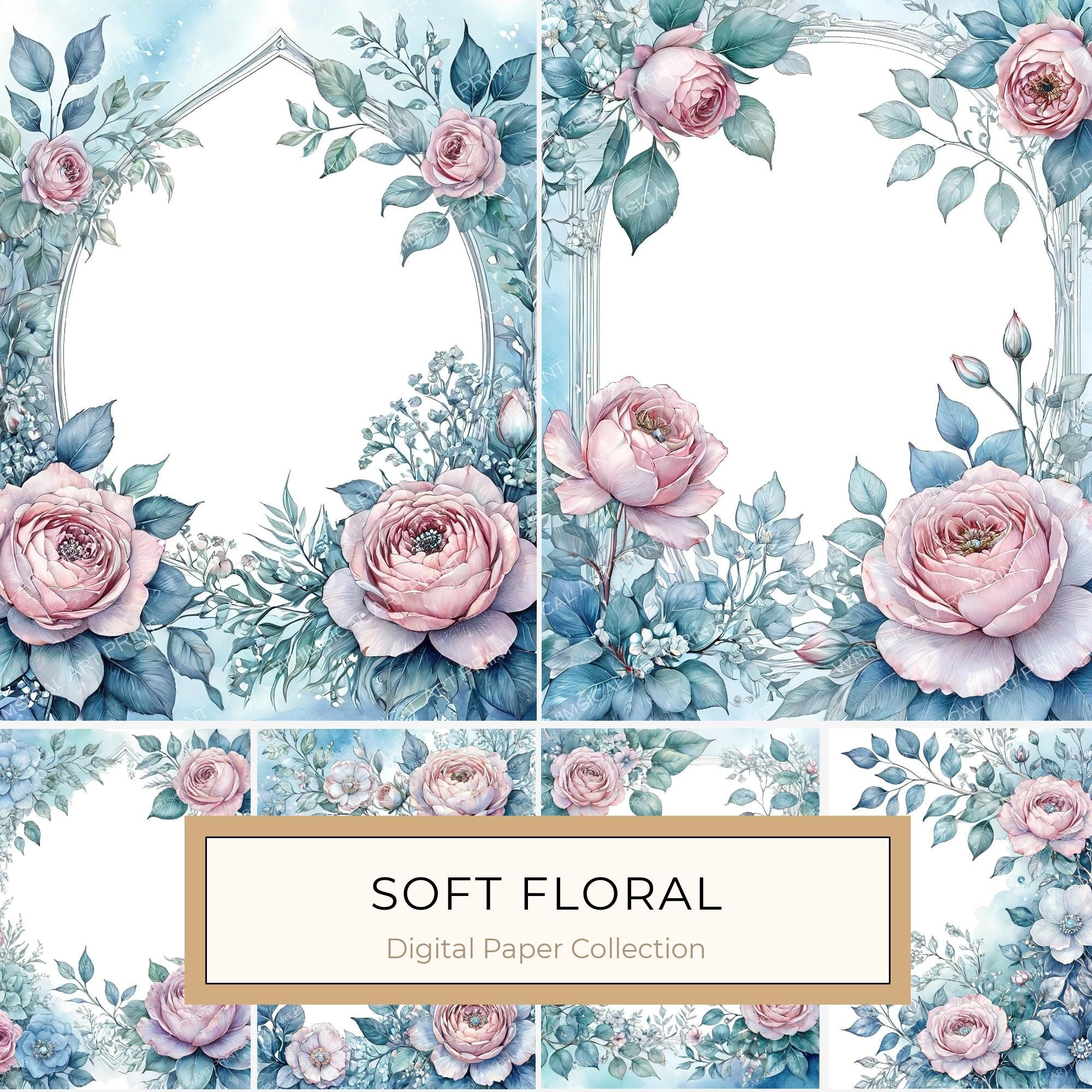 Watercolor Floral Frame Set: Soft Blue & Pink, 10 JPGs (Digital Download)