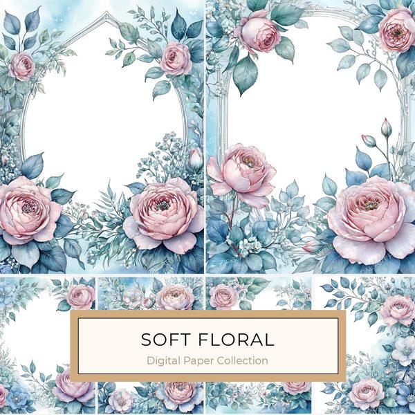 Watercolor Floral Frame Set: Soft Blue & Pink, 10 JPGs (Digital Download)