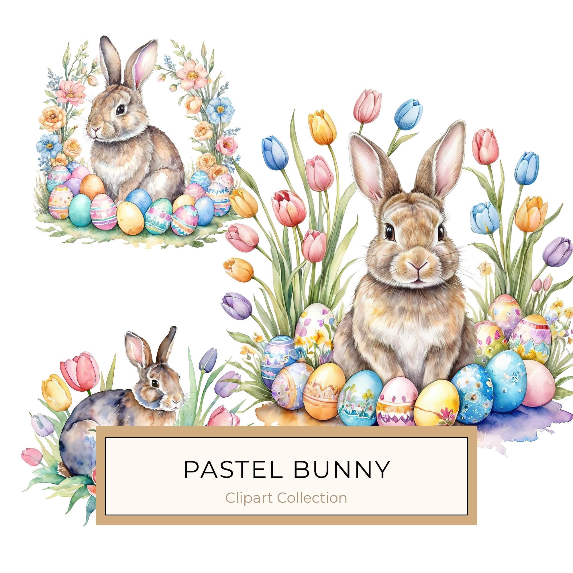 Watercolor Bunny with Tulips Clip  Art Set in Soft Pastels & Earthy Tones, 10 JPGs, Perfect for Easter Card Making, Craft Commercial Use
