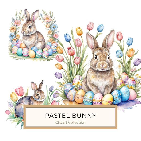 Watercolor Bunny with Tulips Clip  Art Set in Soft Pastels & Earthy Tones, 10 JPGs, Perfect for Easter Card Making, Craft Commercial Use