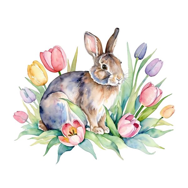 Watercolor Bunny with Tulips Clip  Art Set in Soft Pastels & Earthy Tones, 10 JPGs, Perfect for Easter Card Making, Craft Commercial Use — image 1