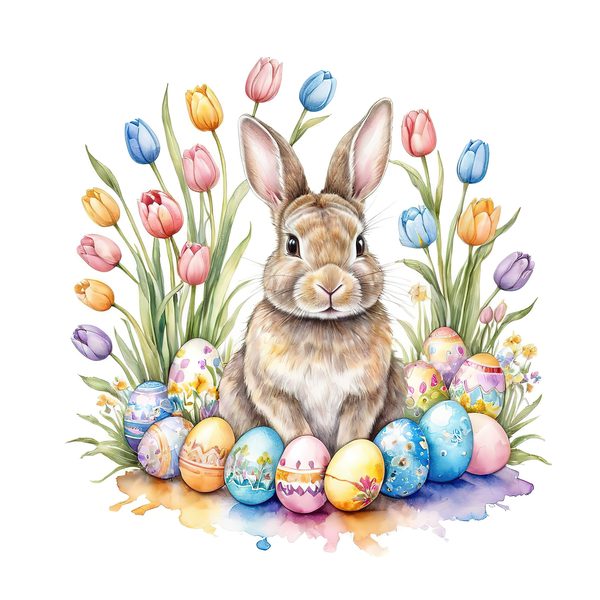 Watercolor Bunny with Tulips Clip  Art Set in Soft Pastels & Earthy Tones, 10 JPGs, Perfect for Easter Card Making, Craft Commercial Use — image 4