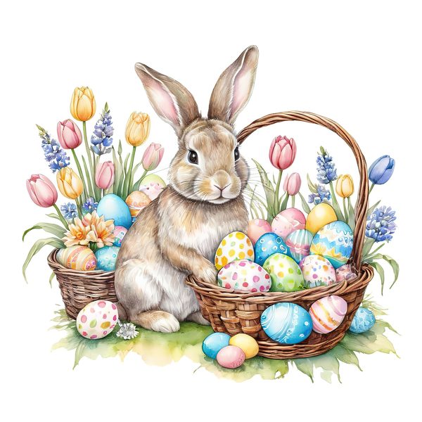 Watercolor Bunny with Tulips Clip  Art Set in Soft Pastels & Earthy Tones, 10 JPGs, Perfect for Easter Card Making, Craft Commercial Use — image 8