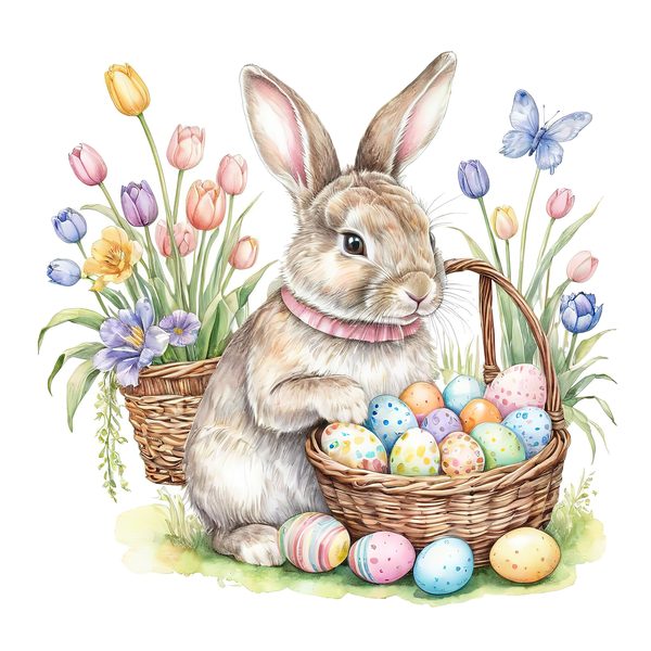 Watercolor Bunny with Tulips Clip  Art Set in Soft Pastels & Earthy Tones, 10 JPGs, Perfect for Easter Card Making, Craft Commercial Use — image 9