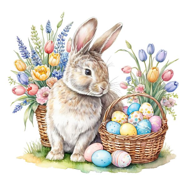 Watercolor Bunny with Tulips Clip  Art Set in Soft Pastels & Earthy Tones, 10 JPGs, Perfect for Easter Card Making, Craft Commercial Use — image 10