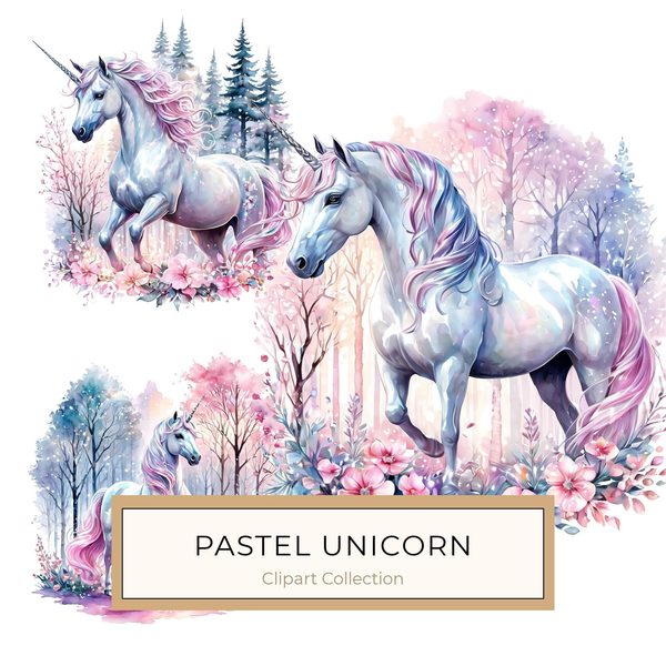 Watercolor Unicorn Clipart: Iridescent Pastel Floral Set (JPG & PNG)