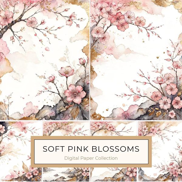 Watercolor Cherry Blossom Digital Paper: Pink & Gold Accents (10 JPGs)