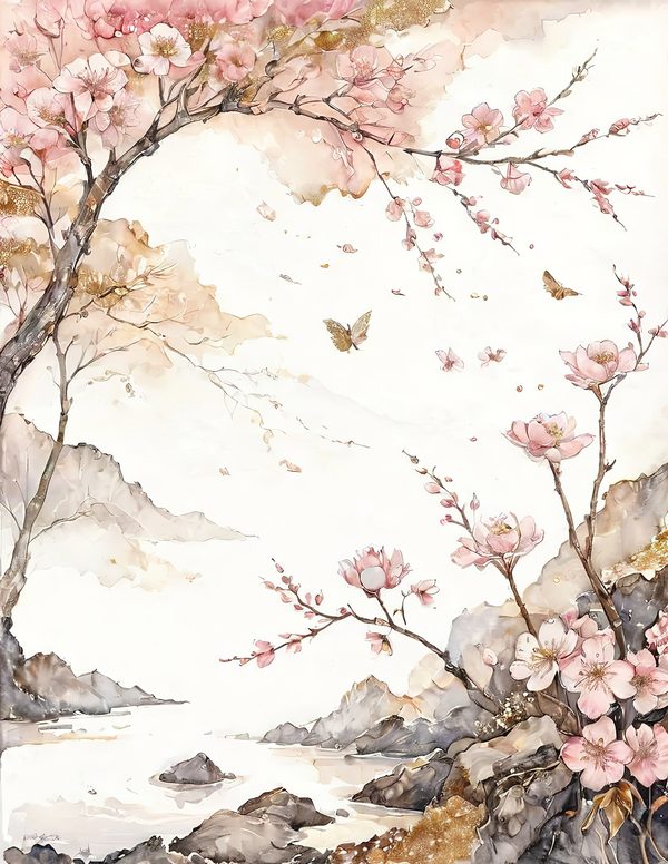 Watercolor Cherry Blossom Digital Paper: Pink & Gold Accents (10 JPGs) — image 1