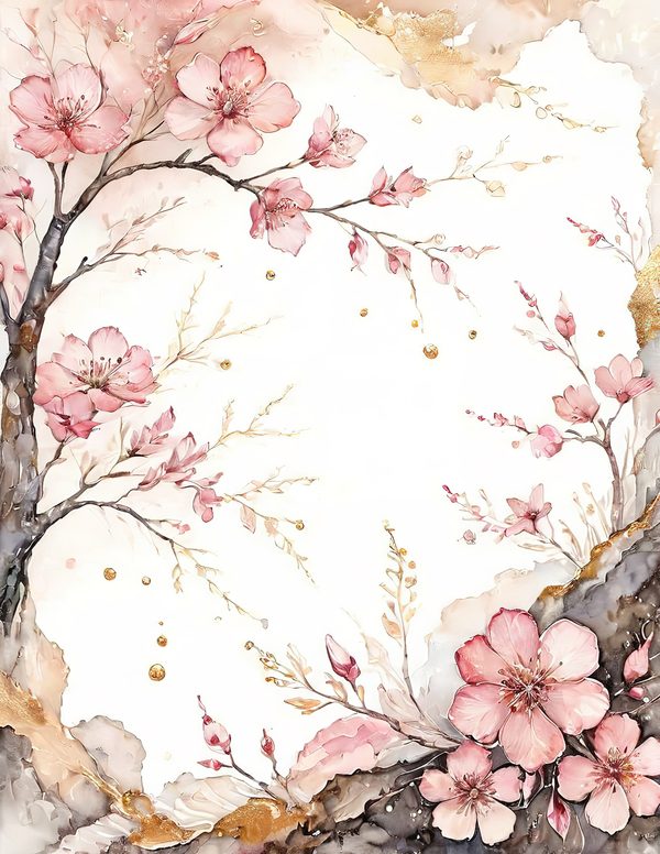Watercolor Cherry Blossom Digital Paper: Pink & Gold Accents (10 JPGs) — image 2
