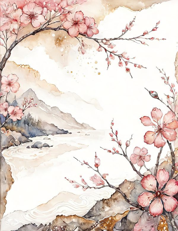 Watercolor Cherry Blossom Digital Paper: Pink & Gold Accents (10 JPGs) — image 3