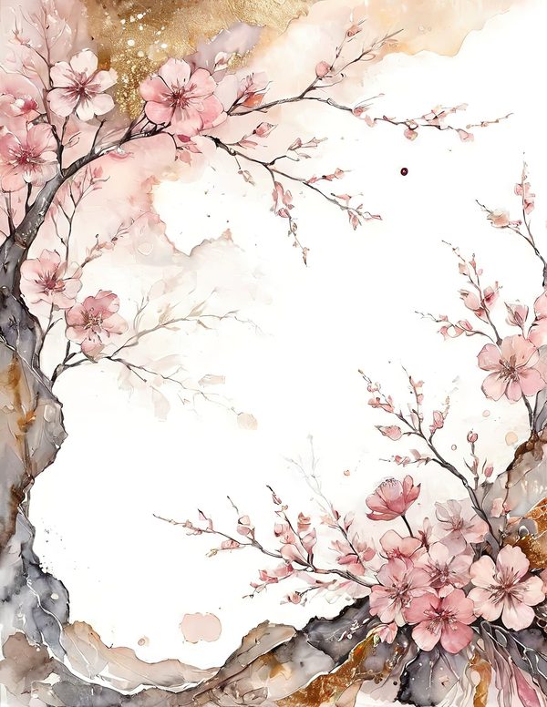 Watercolor Cherry Blossom Digital Paper: Pink & Gold Accents (10 JPGs) — image 4
