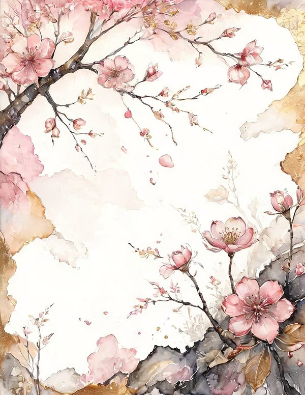 Watercolor Cherry Blossom Digital Paper: Pink & Gold Accents (10 JPGs) — image 5