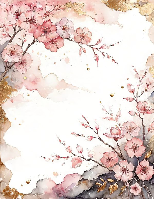 Watercolor Cherry Blossom Digital Paper: Pink & Gold Accents (10 JPGs) — image 6
