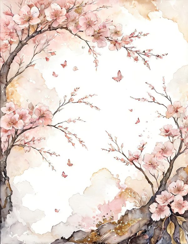 Watercolor Cherry Blossom Digital Paper: Pink & Gold Accents (10 JPGs) — image 7