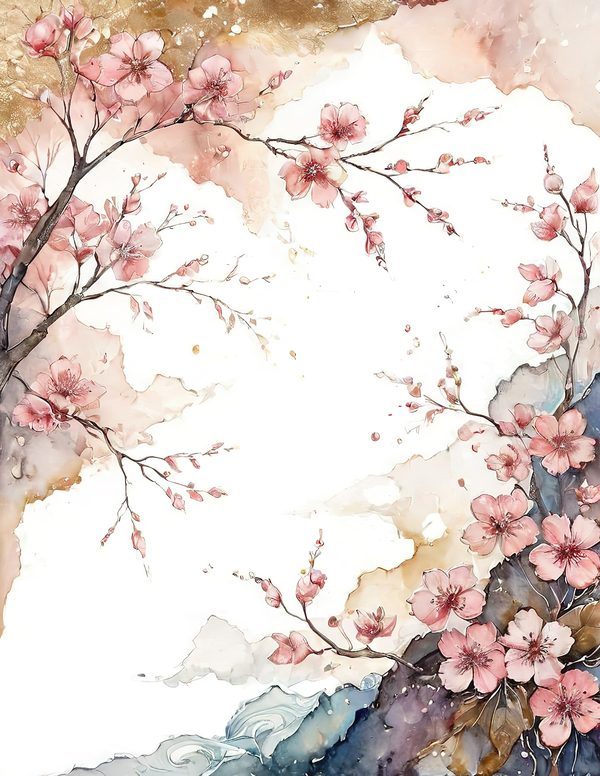 Watercolor Cherry Blossom Digital Paper: Pink & Gold Accents (10 JPGs) — image 8