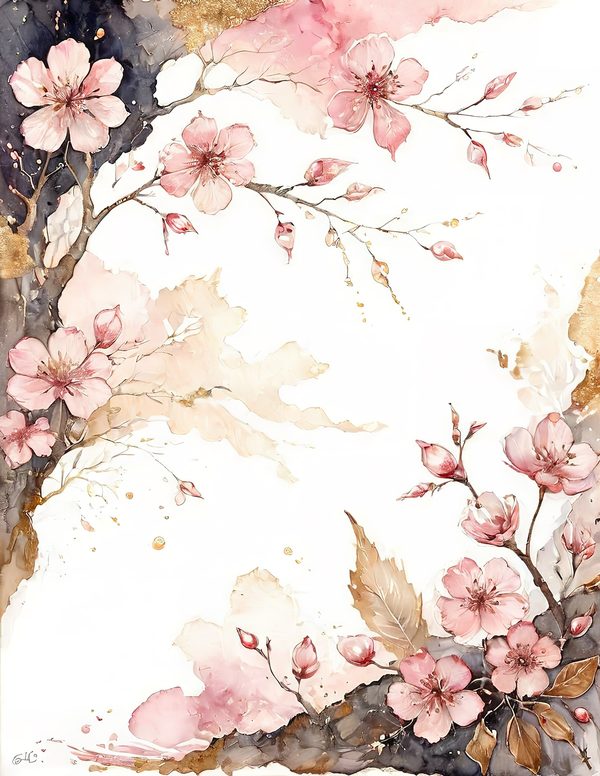 Watercolor Cherry Blossom Digital Paper: Pink & Gold Accents (10 JPGs) — image 9