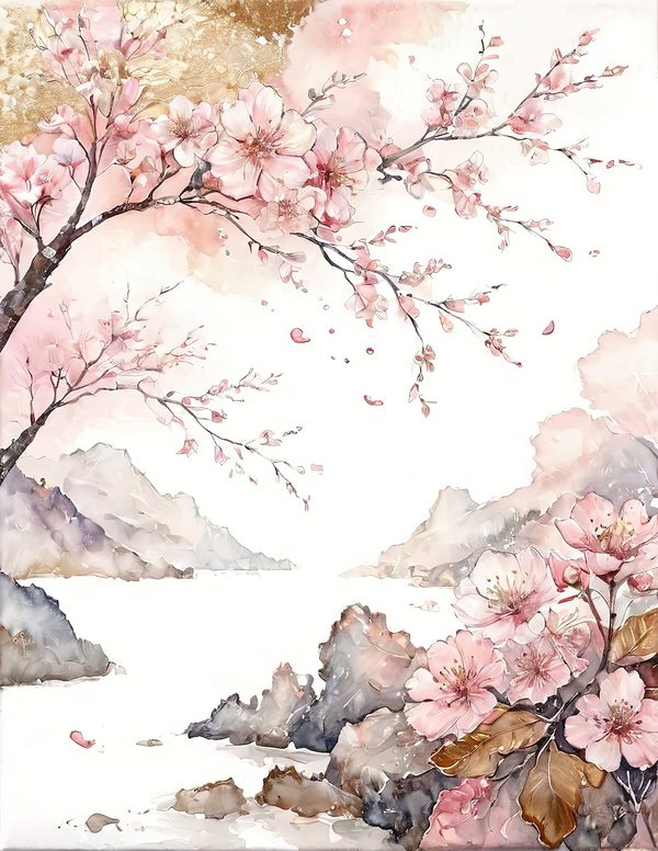 Watercolor Cherry Blossom Digital Paper: Pink & Gold Accents (10 JPGs) — image 10