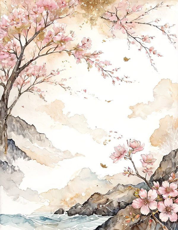 Watercolor Cherry Blossom Digital Paper: Pink & Gold Accents (10 JPGs) — image 11