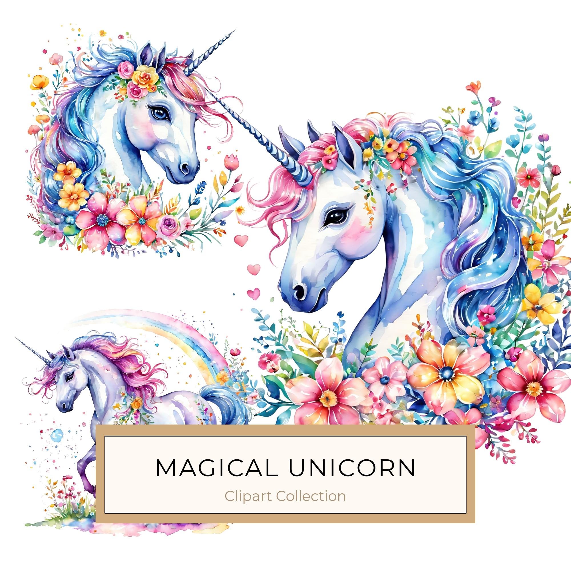 Watercolor Unicorn Clipart Set: Rainbow Floral Accents (PNG JPGs)