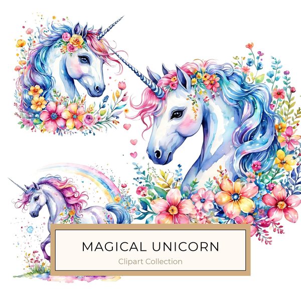 Watercolor Unicorn Clipart Set: Rainbow Floral Accents (PNG JPGs)