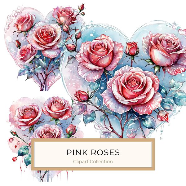 Watercolor Pink Roses Clipart: Soft Aqua Floral Set (JPGs)
