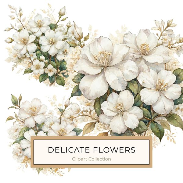 Watercolor White Floral Clipart: Gold Accents, Cream & Green (JPG PNG)
