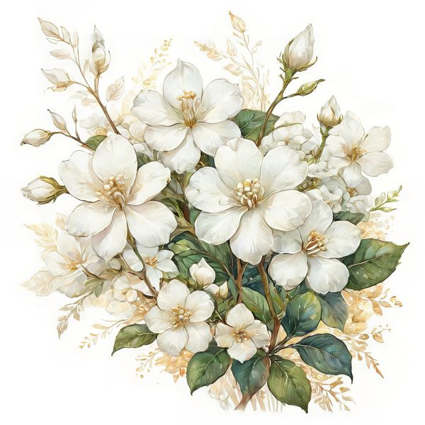 Watercolor White Floral Clipart: Gold Accents, Cream & Green (JPG PNG) — image 1