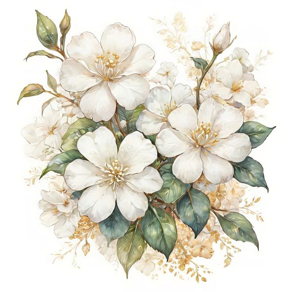 Watercolor White Floral Clipart: Gold Accents, Cream & Green (JPG PNG) — image 2