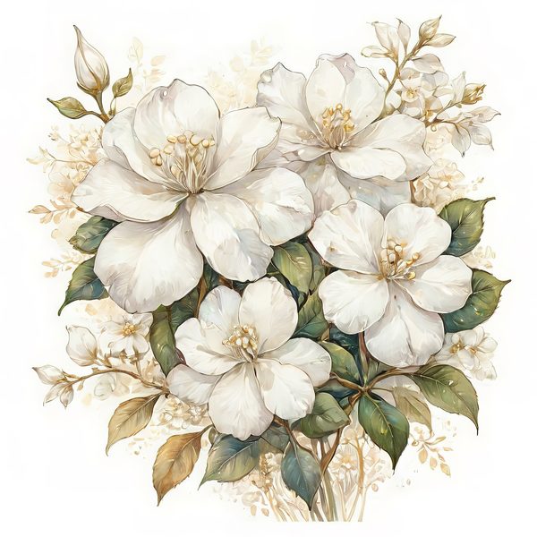Watercolor White Floral Clipart: Gold Accents, Cream & Green (JPG PNG) — image 3