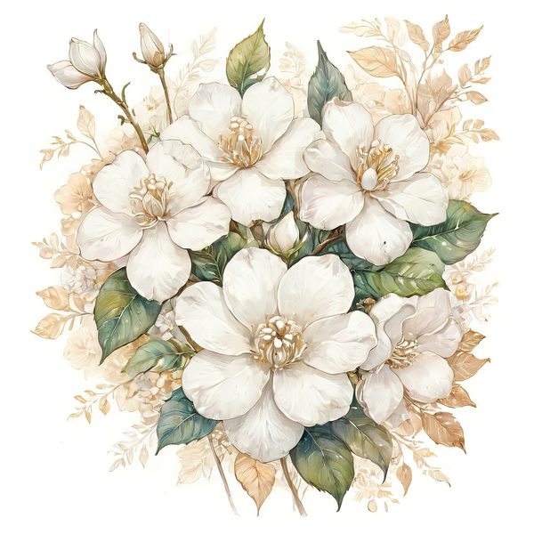 Watercolor White Floral Clipart: Gold Accents, Cream & Green (JPG PNG) — image 4