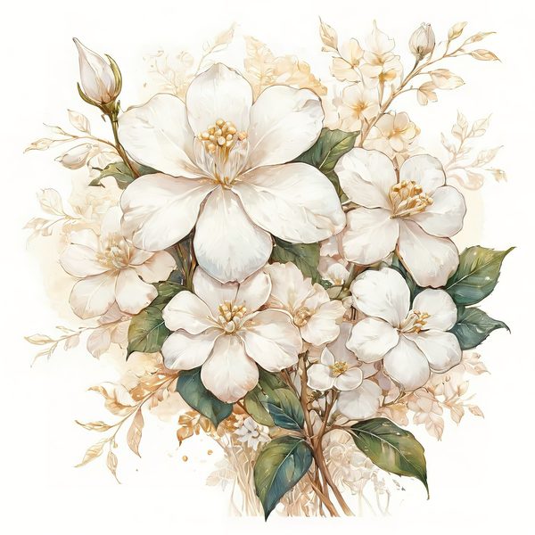 Watercolor White Floral Clipart: Gold Accents, Cream & Green (JPG PNG) — image 5
