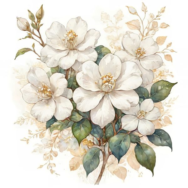 Watercolor White Floral Clipart: Gold Accents, Cream & Green (JPG PNG) — image 6