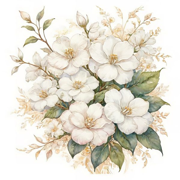 Watercolor White Floral Clipart: Gold Accents, Cream & Green (JPG PNG) — image 7