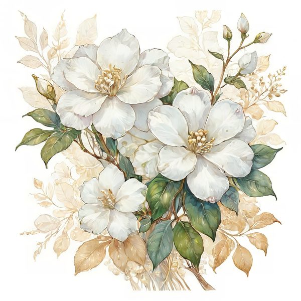 Watercolor White Floral Clipart: Gold Accents, Cream & Green (JPG PNG) — image 8