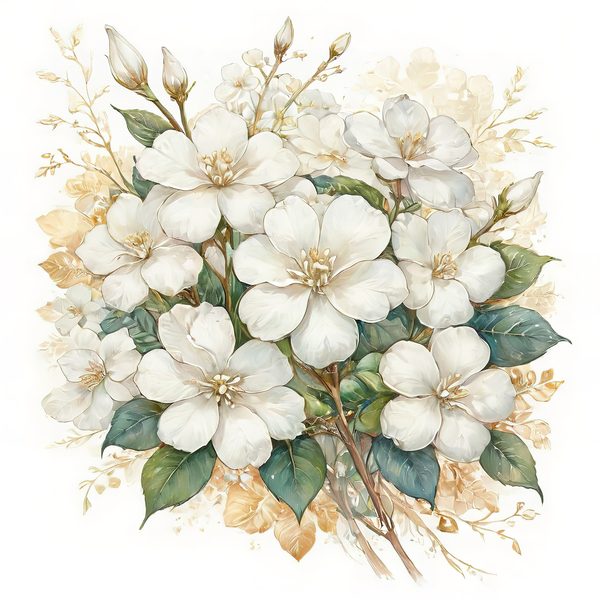 Watercolor White Floral Clipart: Gold Accents, Cream & Green (JPG PNG) — image 9