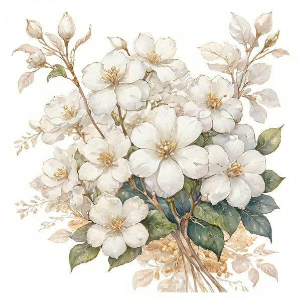 Watercolor White Floral Clipart: Gold Accents, Cream & Green (JPG PNG) — image 10