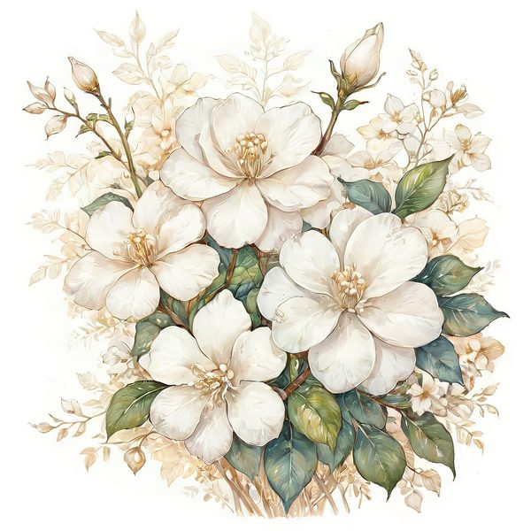 Watercolor White Floral Clipart: Gold Accents, Cream & Green (JPG PNG) — image 11