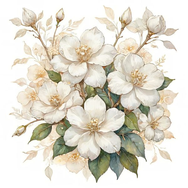 Watercolor White Floral Clipart: Gold Accents, Cream & Green (JPG PNG) — image 12