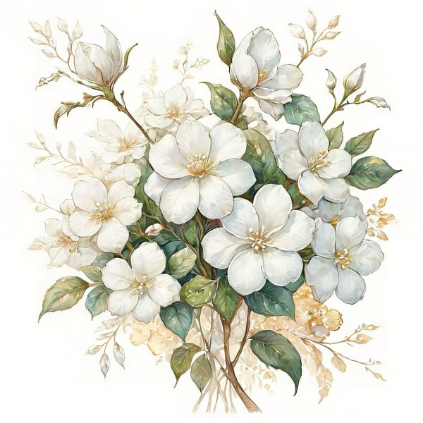 Watercolor White Floral Clipart: Gold Accents, Cream & Green (JPG PNG) — image 13