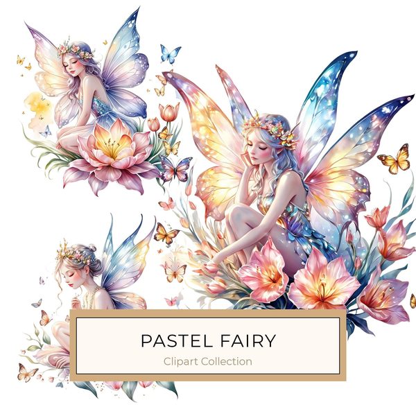 Watercolor Fairy Clipart: Pastel Flowers & Butterflies (PNG JPG, Commercial Use)