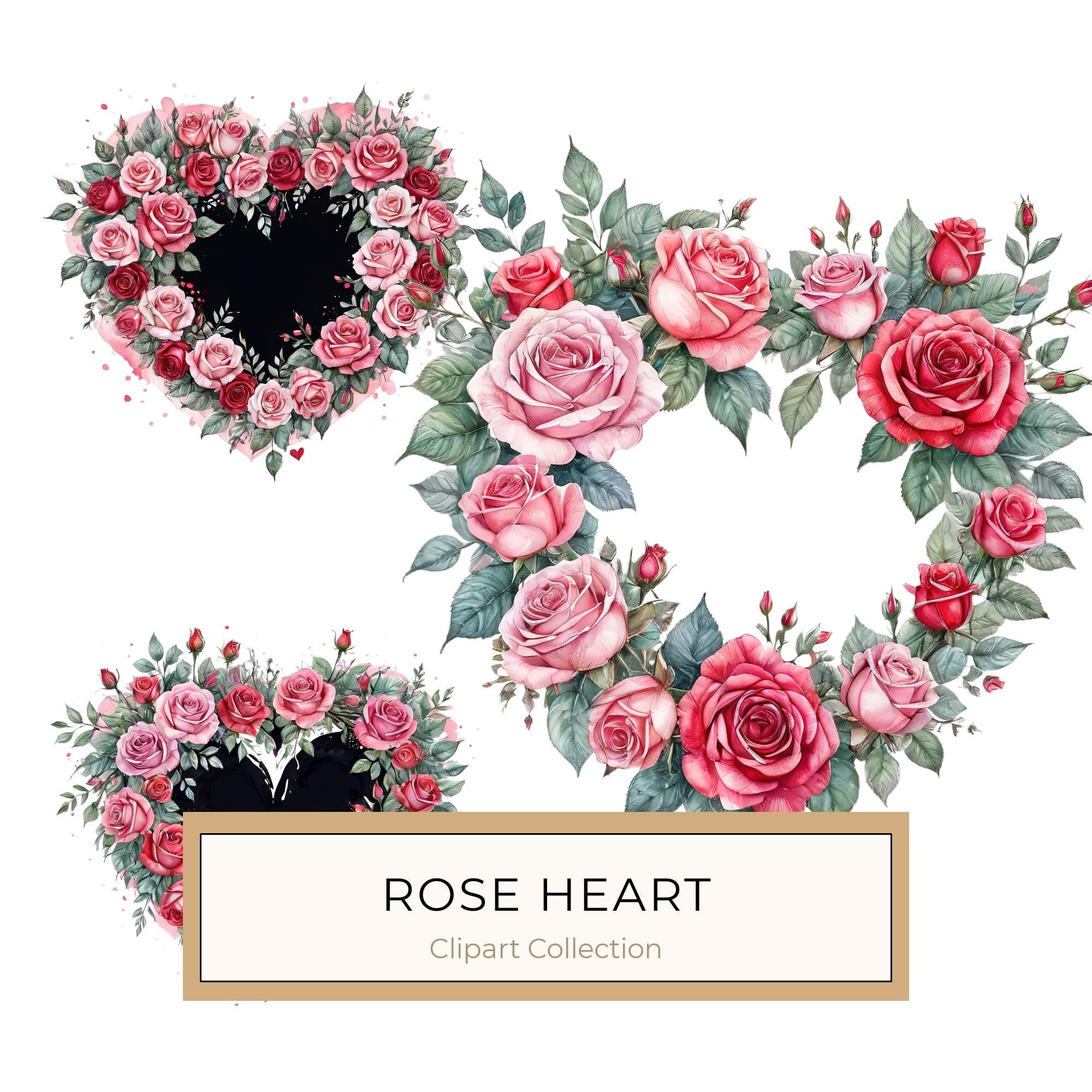 Watercolor Rose Heart Clipart Set, Pink & Green Tones (10 JPGs)