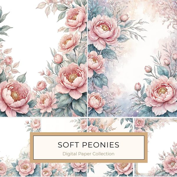 Watercolor Peony Digital Paper Set: Pastel Floral Scrapbooking (JPGs)