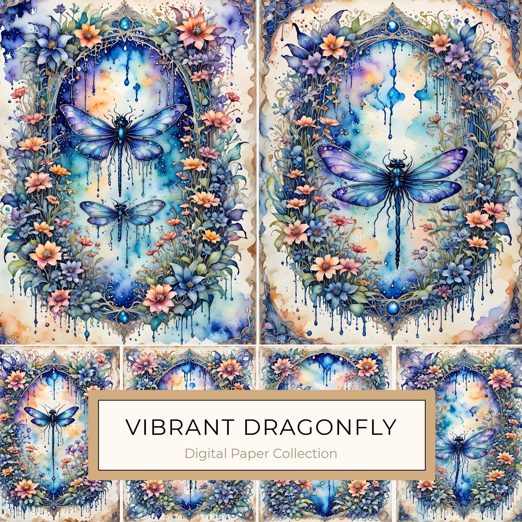 Watercolor Dragonfly Floral Digital Paper Set: Soft Blue Hues (10 JPGs)