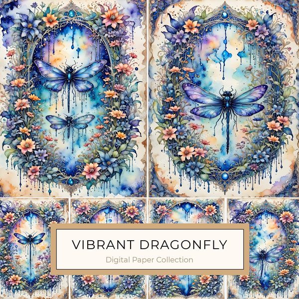 Watercolor Dragonfly Floral Digital Paper Set: Soft Blue Hues (10 JPGs)