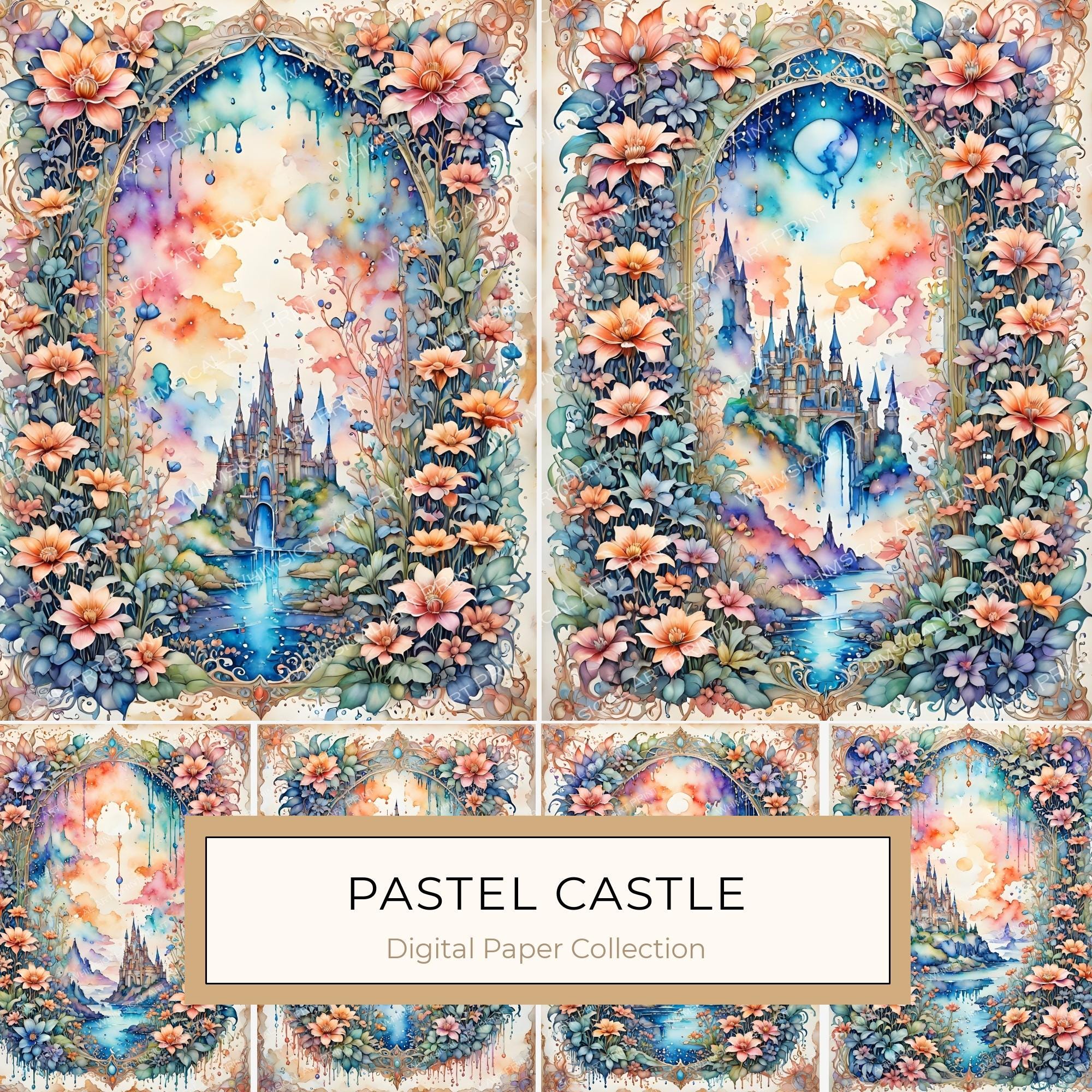 Watercolor Castle Floral Frame: Pastel Digital Paper Set (10 JPGs)
