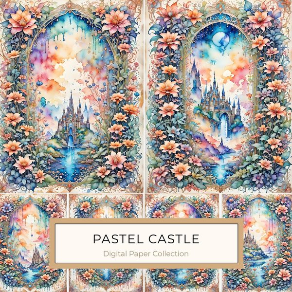 Watercolor Castle Floral Frame: Pastel Digital Paper Set (10 JPGs)