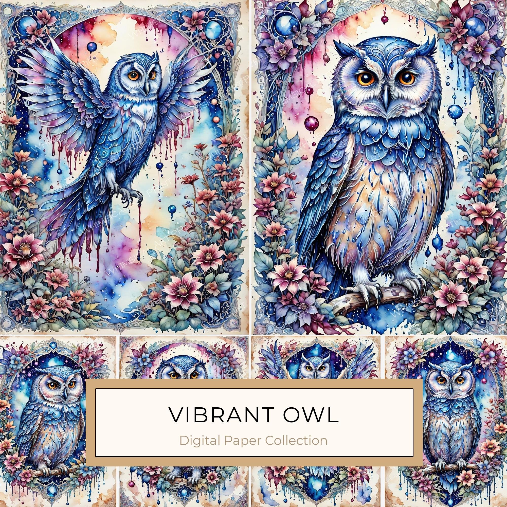 Watercolor Owl Art: Floral Digital Paper Set (10 JPGs)